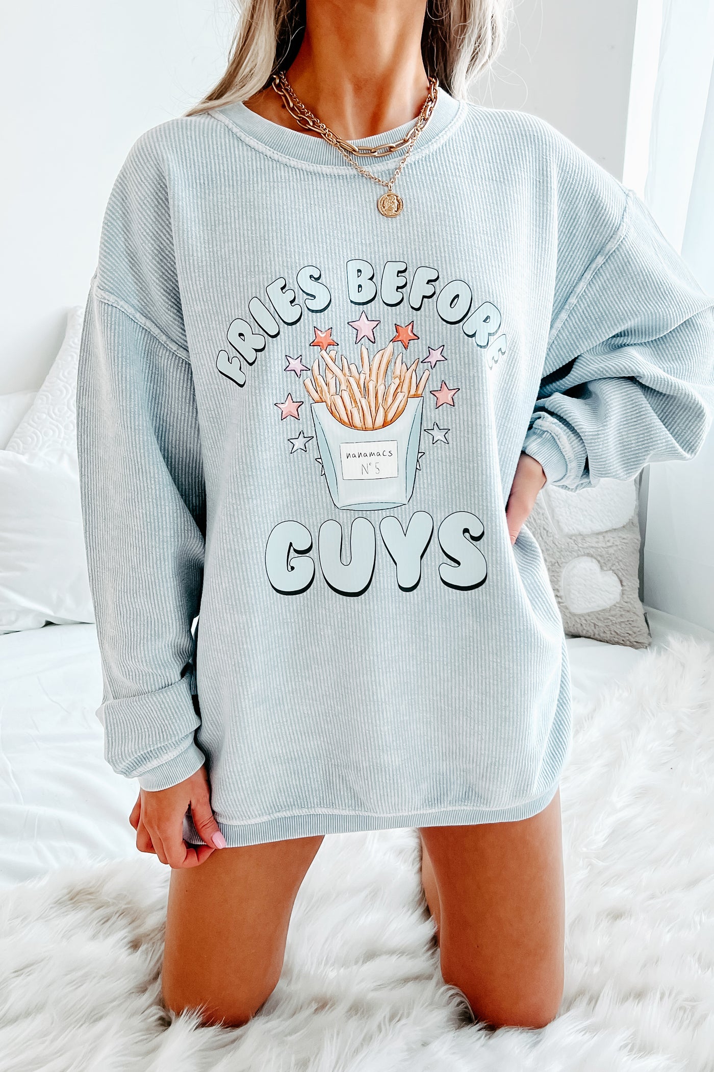 "Fries Before Guys" Corded Graphic Crewneck (Faded Denim) - Print On Demand - NanaMacs