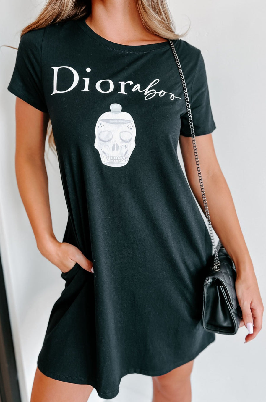 "Dioraboo" Graphic T-Shirt Dress (Black) - Print On Demand - NanaMacs