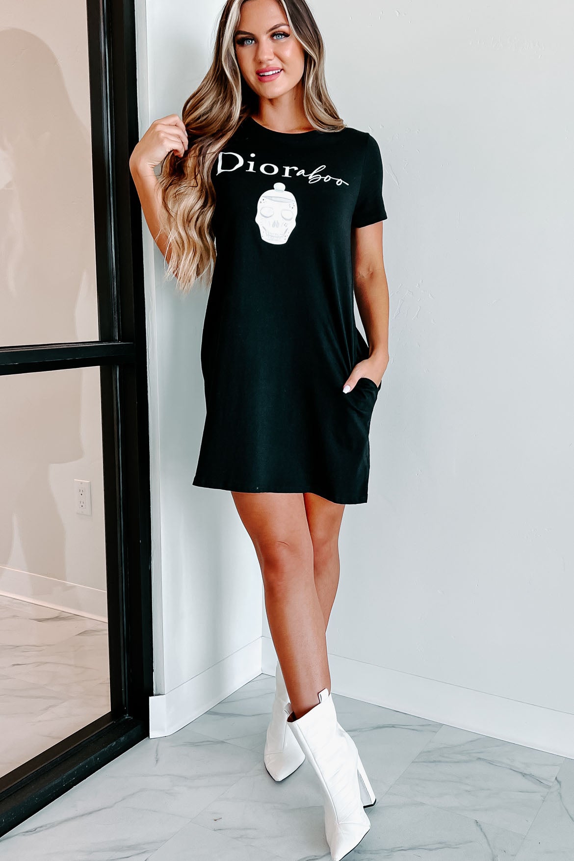 "Dioraboo" Graphic T-Shirt Dress (Black) - Print On Demand - NanaMacs