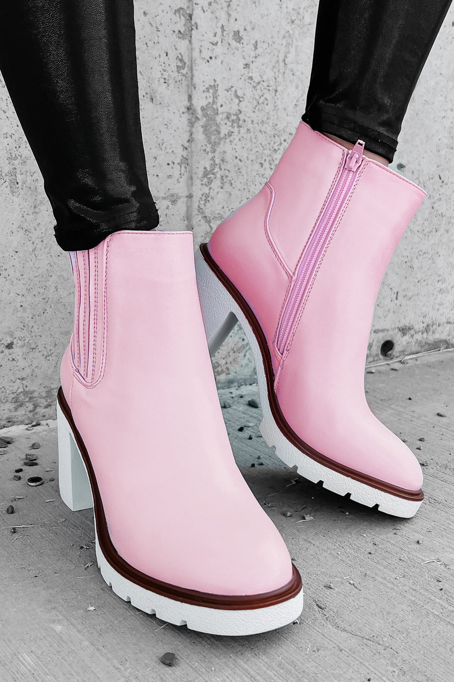 Full Of Attitude Faux Leather Platform Booties (Light Pink) - NanaMacs