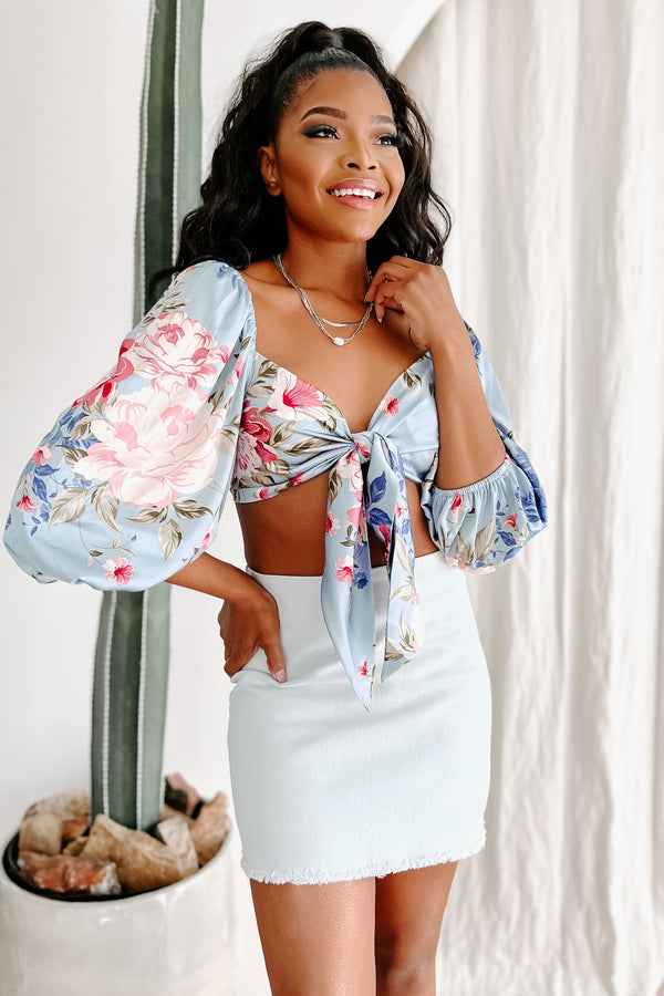 Stun & Only Satin Floral Tie-Front Crop Top (Light Blue) - NanaMacs