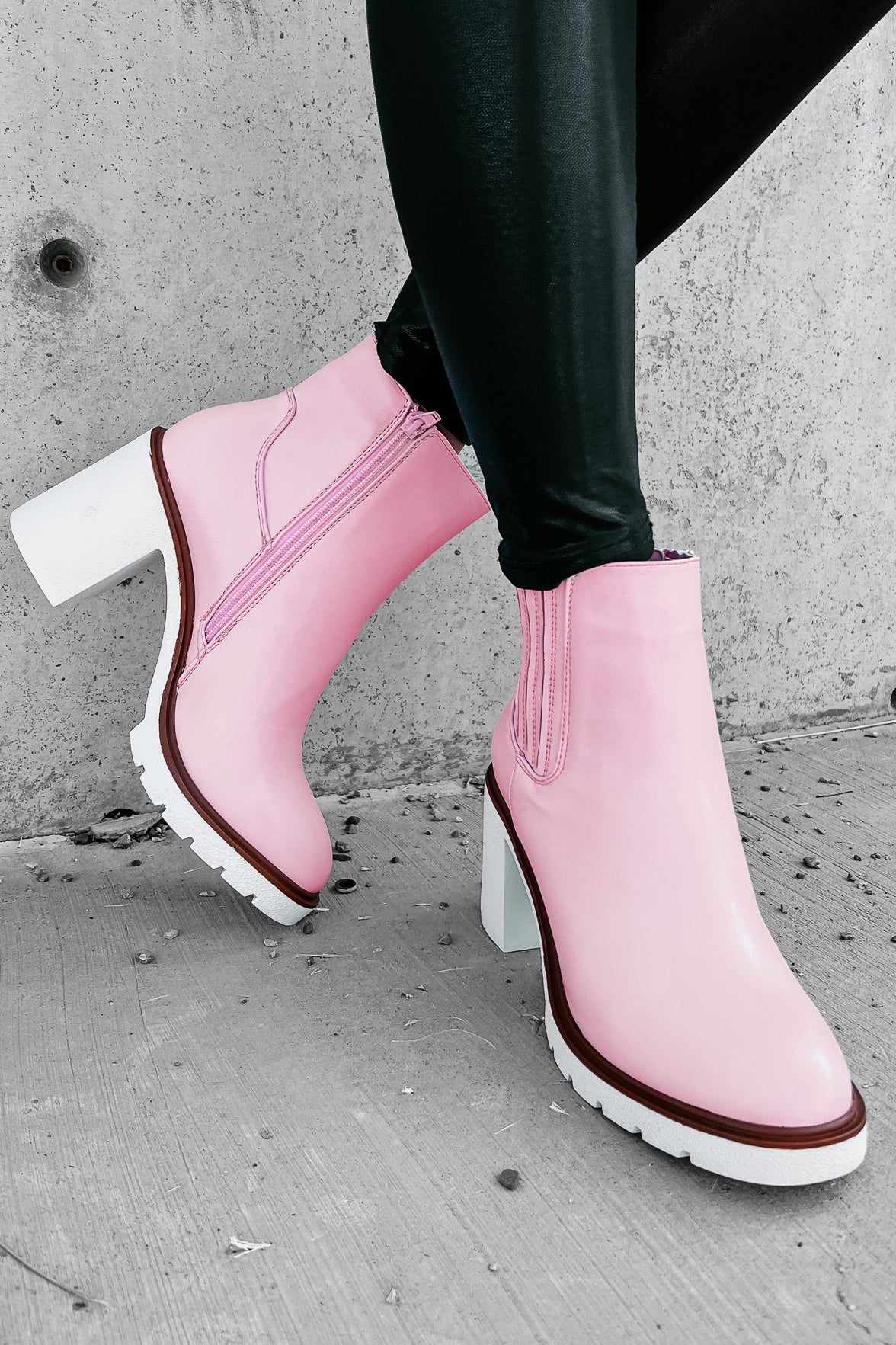 Full Of Attitude Faux Leather Platform Booties (Light Pink) - NanaMacs