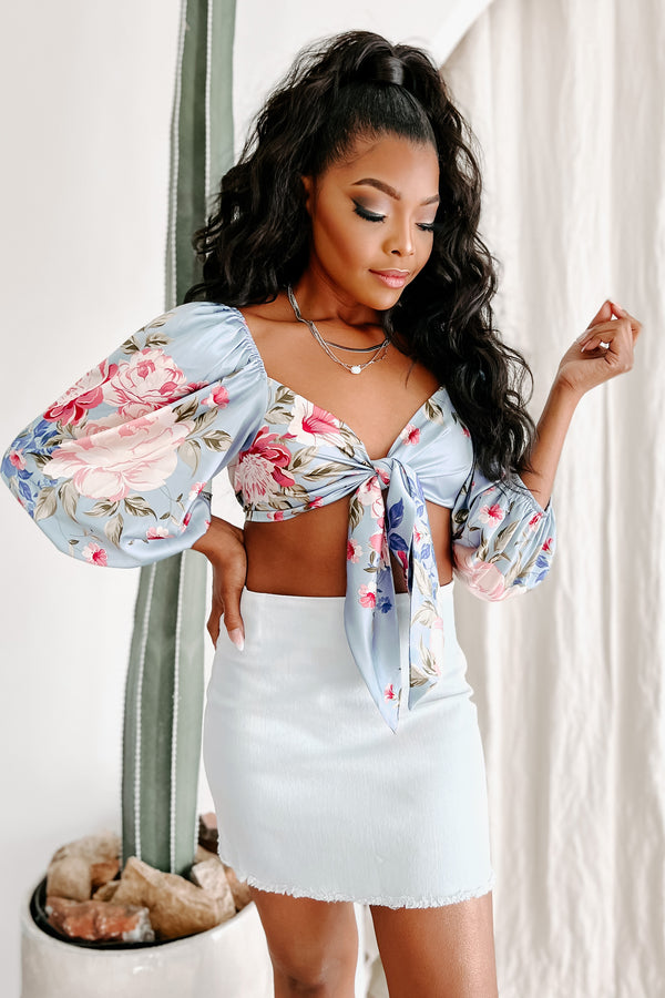 Stun & Only Satin Floral Tie-Front Crop Top (Light Blue) - NanaMacs