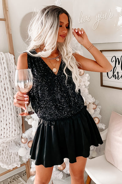 Glamorous Nights Sequin Surplice Top (Black) - NanaMacs