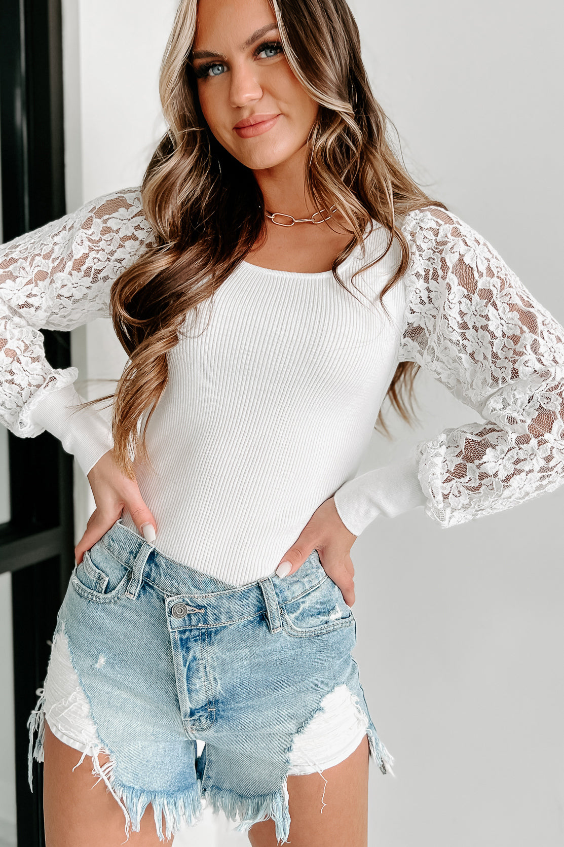 Best Of Times Ribbed Lace Sleeve Top (White) - NanaMacs