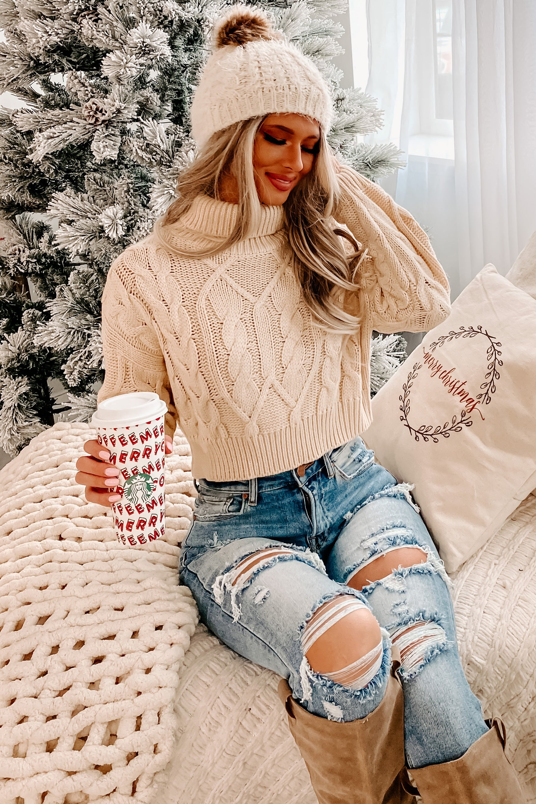 Charming Chats Cropped Cable Knit Sweater (Beige) - NanaMacs