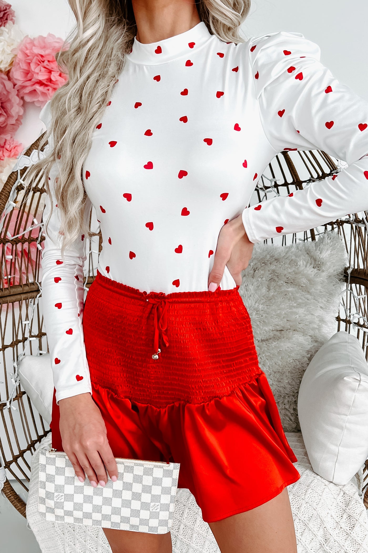 Puff Me Up Puff Sleeve Heart Print Bodysuit (White/Red) - NanaMacs