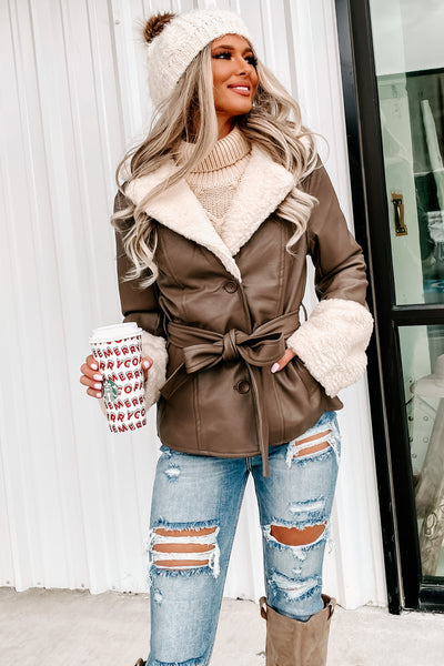 Going North Sherpa Trimmed Faux Leather Jacket (Taupe) - NanaMacs