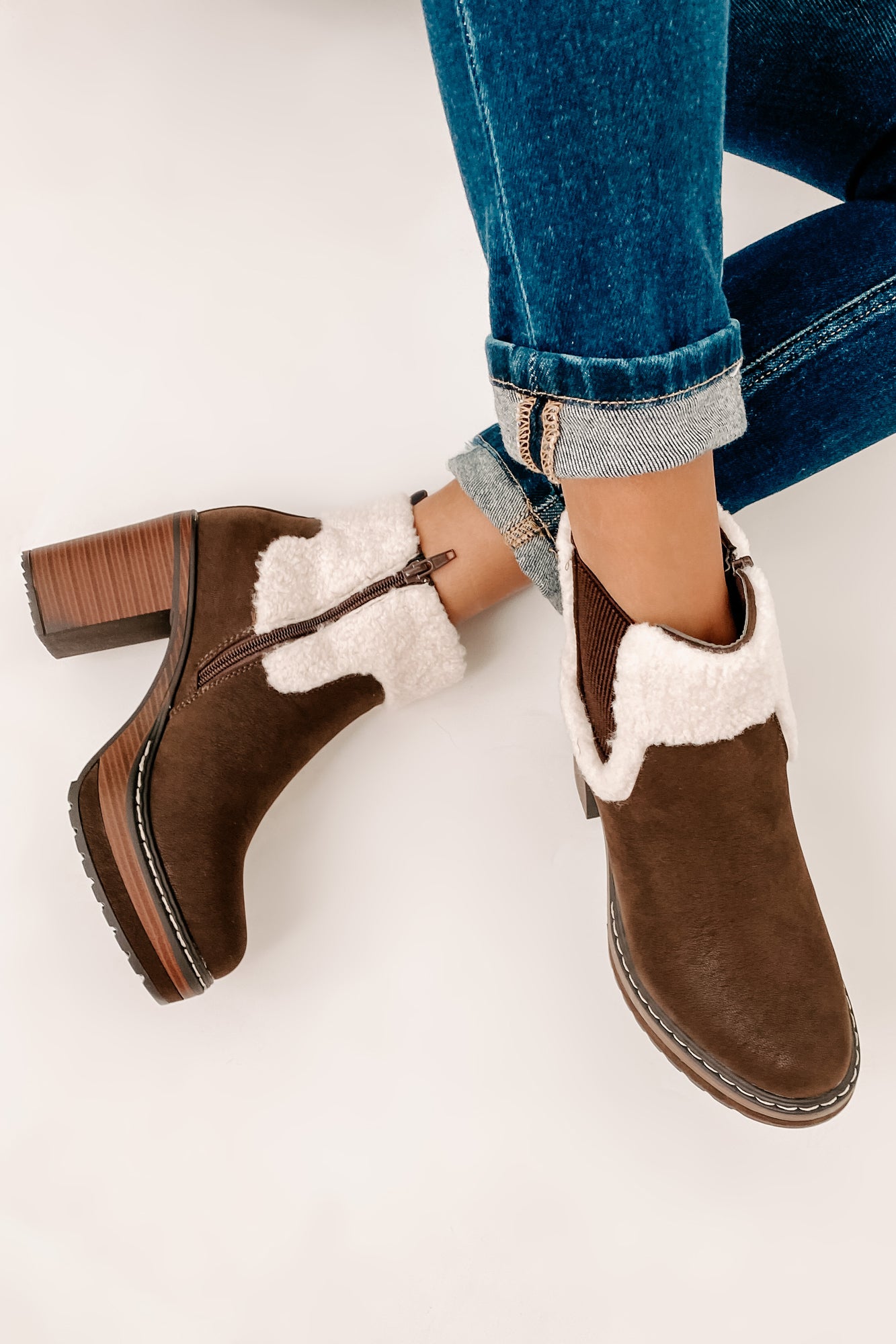 Stay In Step Sherpa Cuff Platform Booties (Brown) - NanaMacs