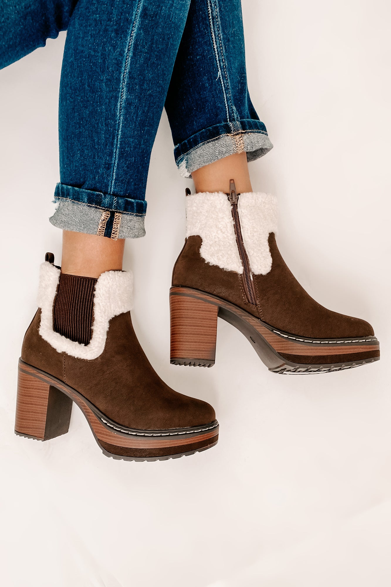 Stay In Step Sherpa Cuff Platform Booties (Brown) - NanaMacs