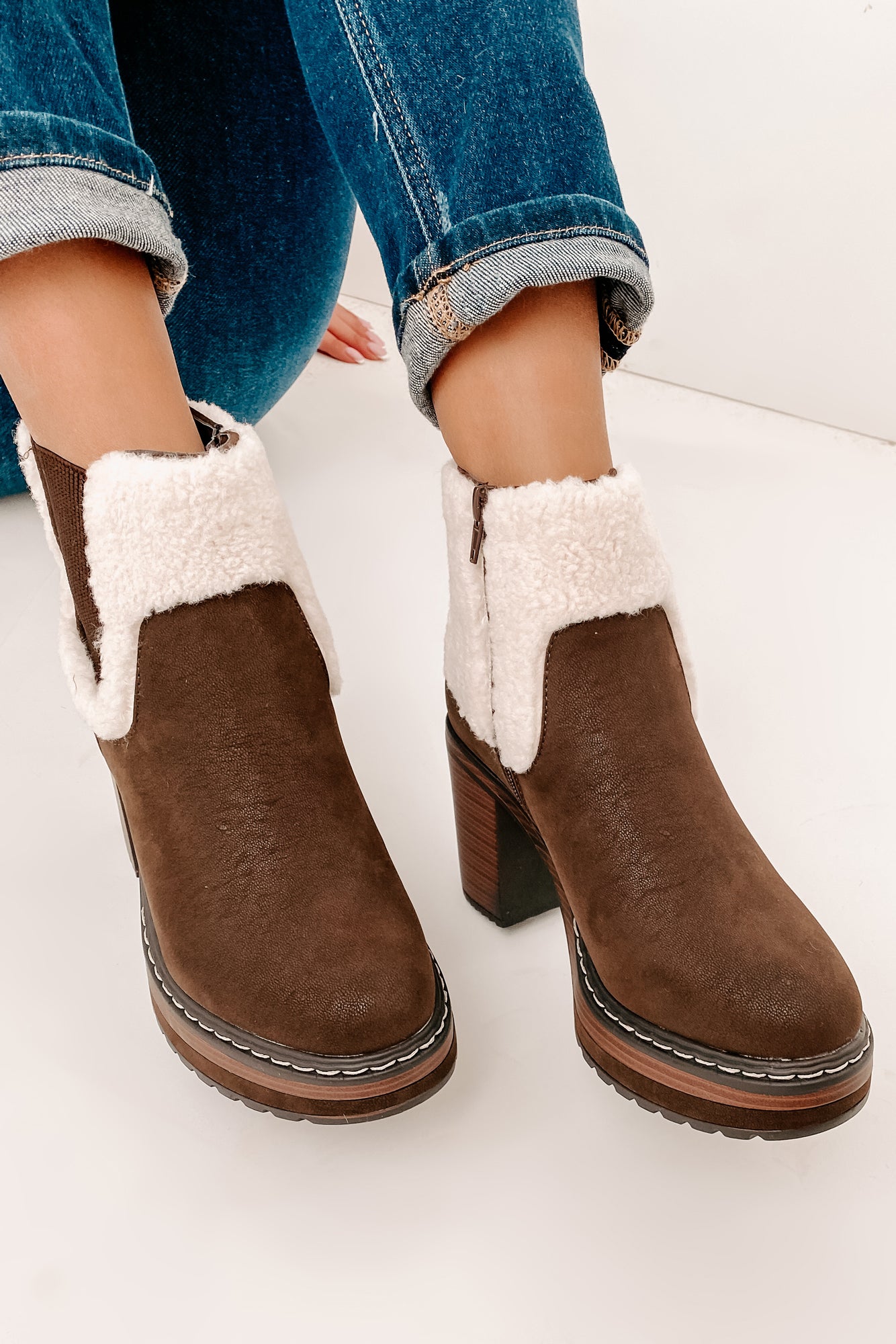 IMPERFECT Stay In Step Sherpa Cuff Platform Booties (Brown) - NanaMacs
