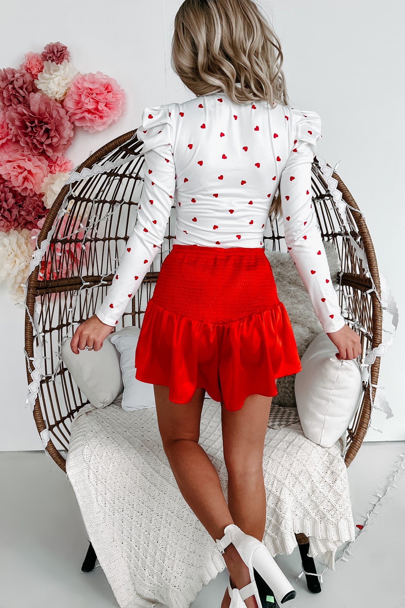 Puff Me Up Puff Sleeve Heart Print Bodysuit (White/Red) - NanaMacs