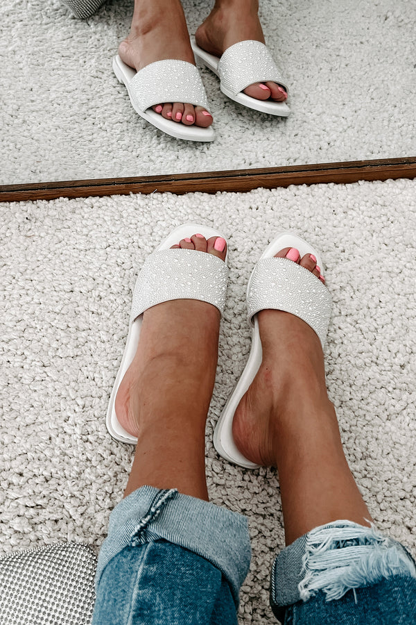 Just Too Pretty Beaded Pearl Flat Sandals (White) - NanaMacs