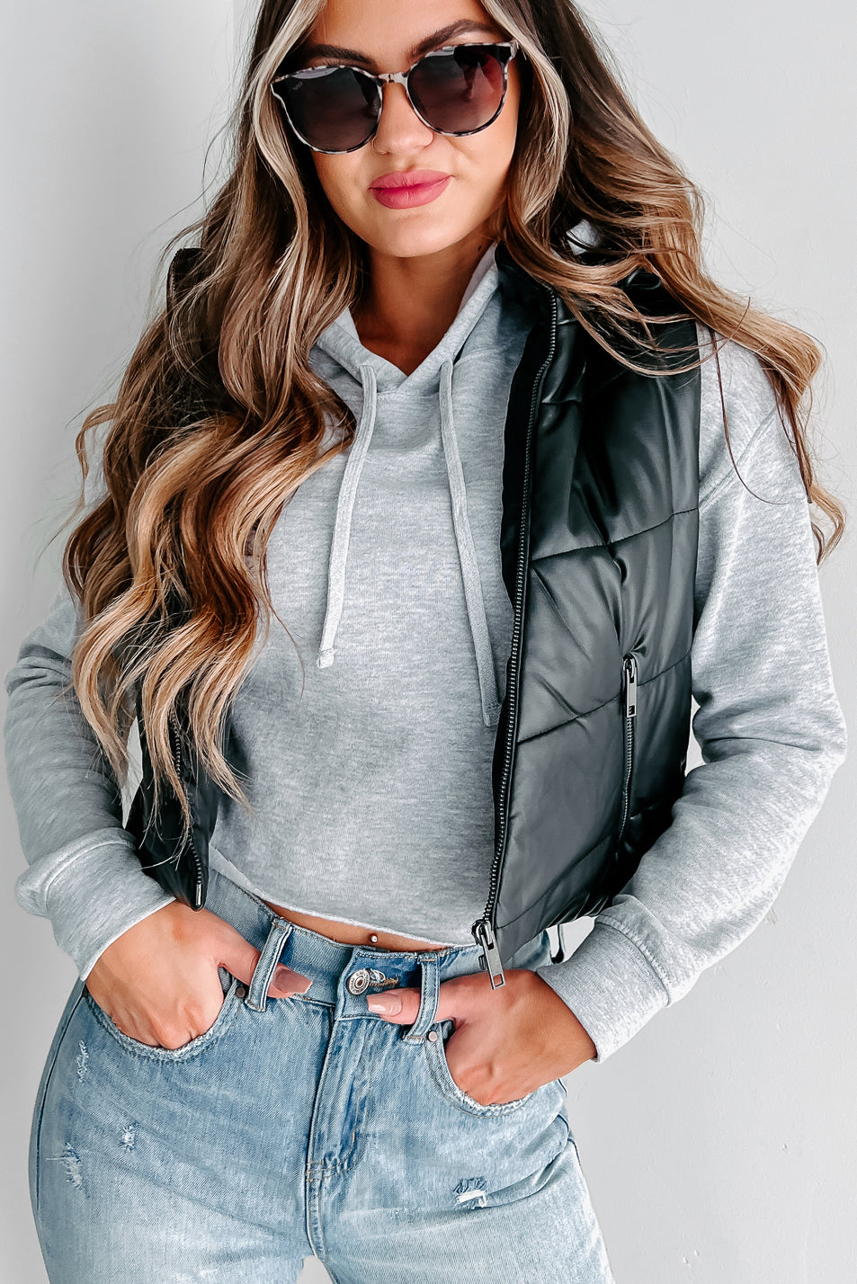 On The Go Chic Hooded Faux Leather Puffer Vest (Black) - NanaMacs