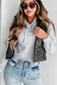 On The Go Chic Hooded Faux Leather Puffer Vest (Black) - NanaMacs
