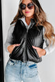 On The Go Chic Hooded Faux Leather Puffer Vest (Black) - NanaMacs