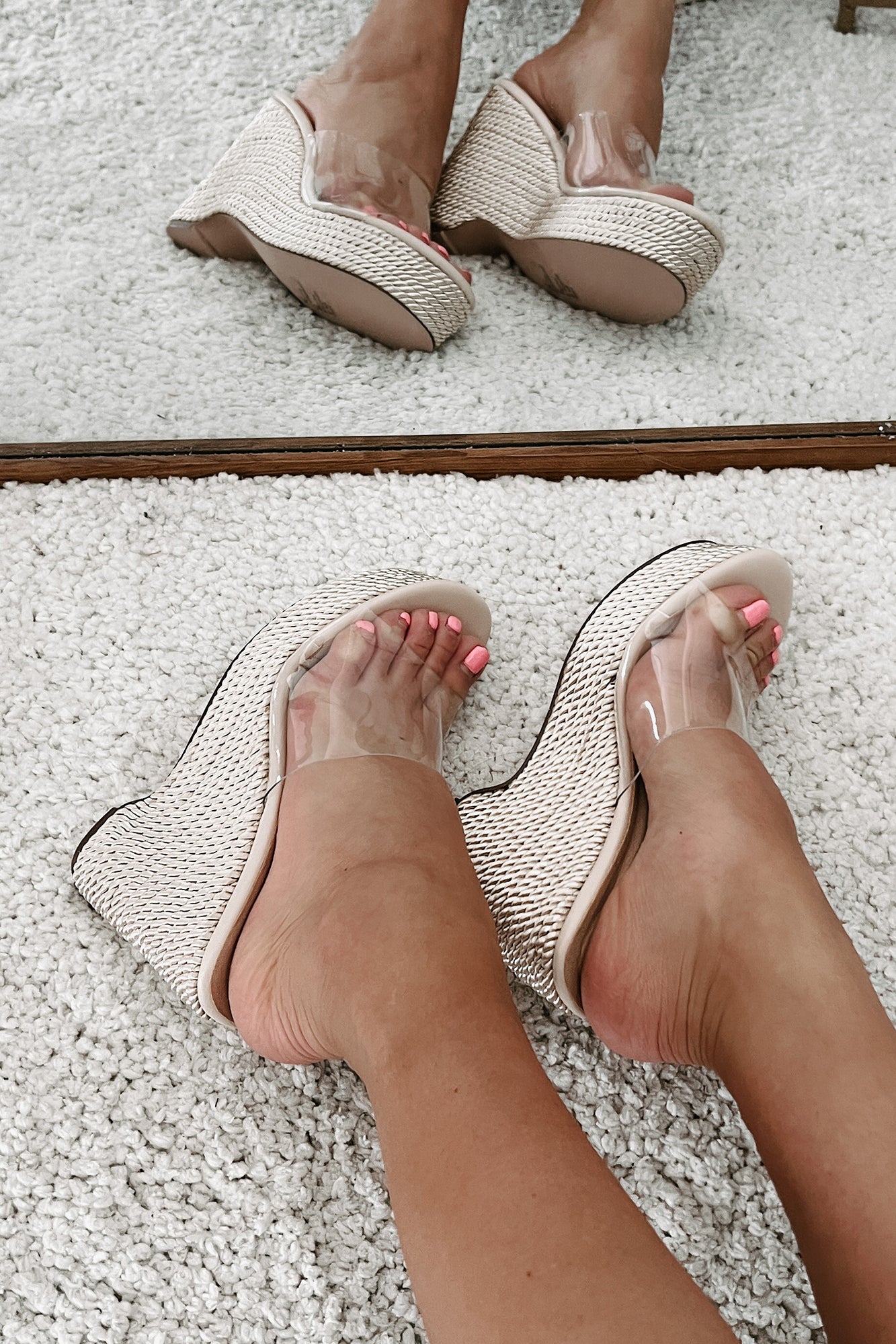 Nude Toe Thong Clear Strap Ankle Tie Wedges