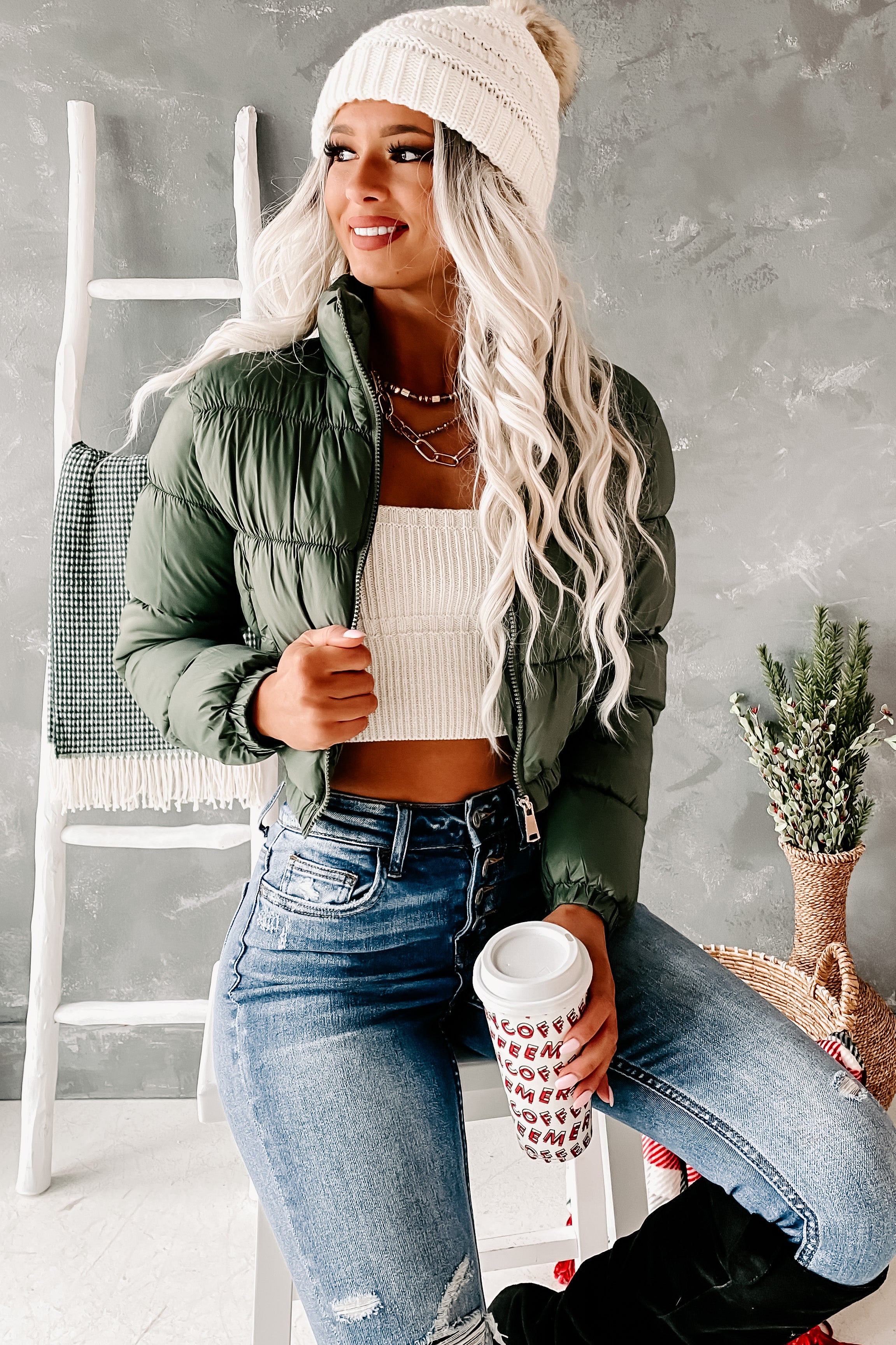 Staying Warm Cropped Puffer Jacket (Thyme) - NanaMacs