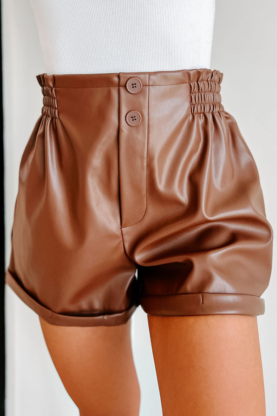 Full Of Drama Cuffed Faux Leather Shorts (Brown) - NanaMacs