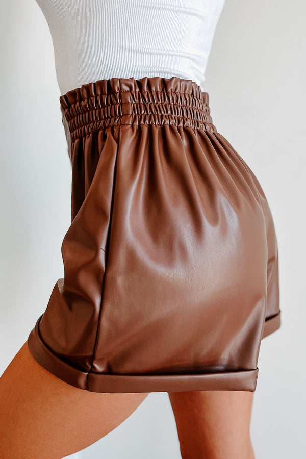 Full Of Drama Cuffed Faux Leather Shorts (Brown) - NanaMacs