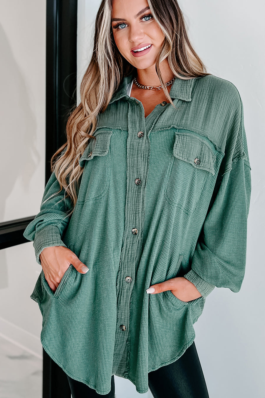 Check Your Attitude Oversized Mixed Fabric Shirt (Green) - NanaMacs