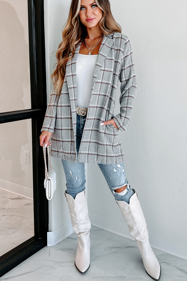 Fact Checker Plaid Open Front Coat (Heather Grey) - NanaMacs