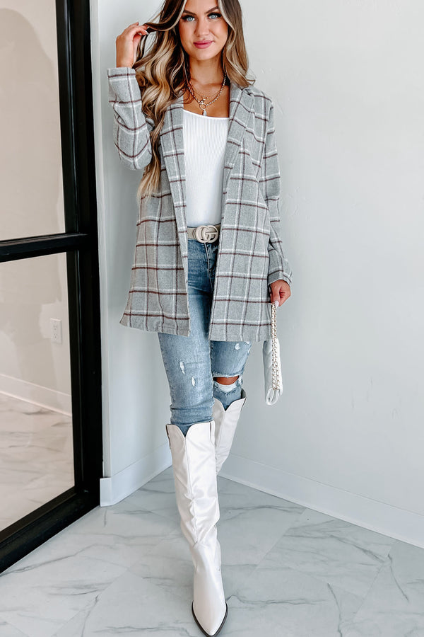 Fact Checker Plaid Open Front Coat (Heather Grey) - NanaMacs