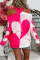 Falling In Love Heart Pattern Cold Shoulder Sweater (Hot Pink) - NanaMacs