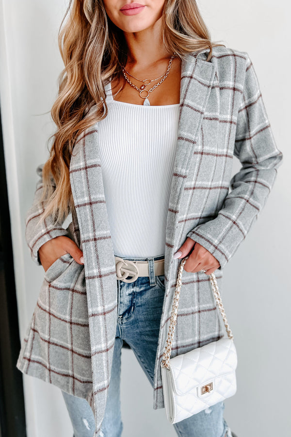 Fact Checker Plaid Open Front Coat (Heather Grey) - NanaMacs