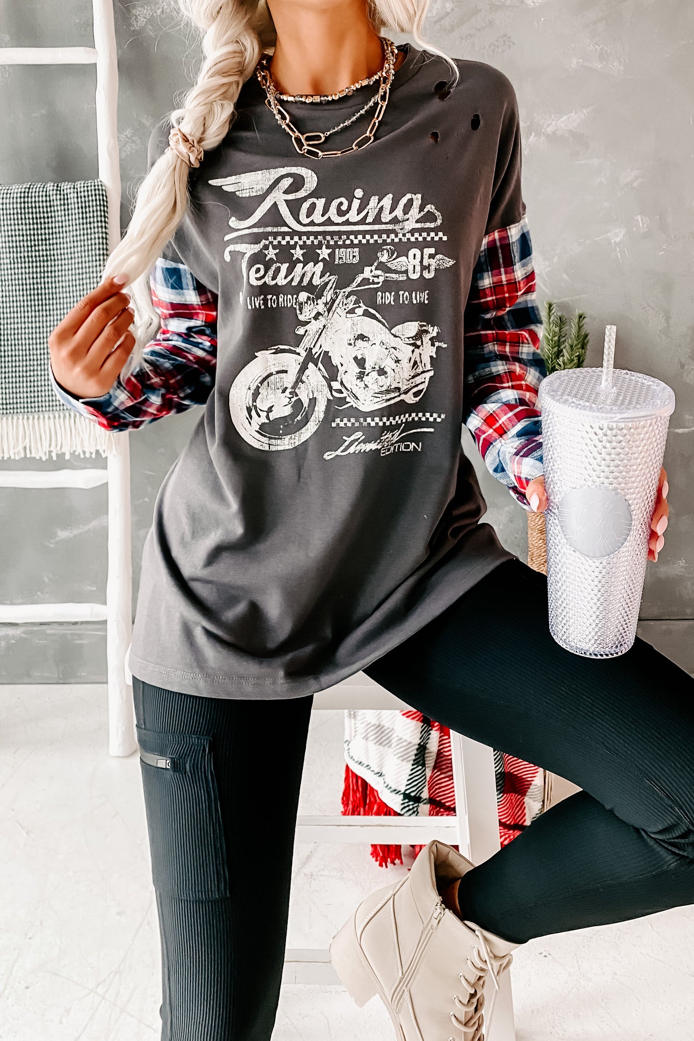 Live To Ride Motorcycle Graphic Contrast Sleeve Top (Charcoal) - NanaMacs