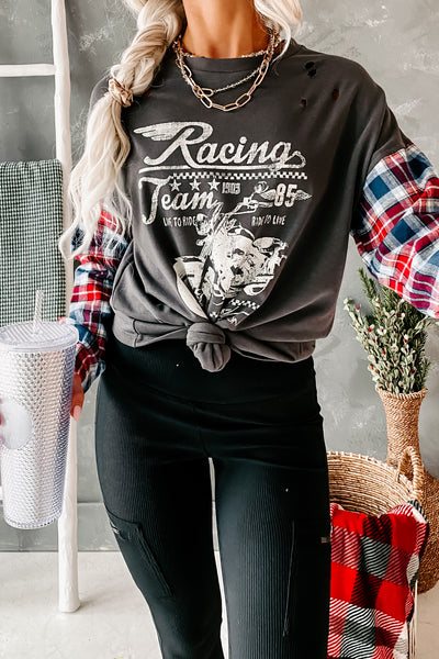 Live To Ride Motorcycle Graphic Contrast Sleeve Top (Charcoal) - NanaMacs