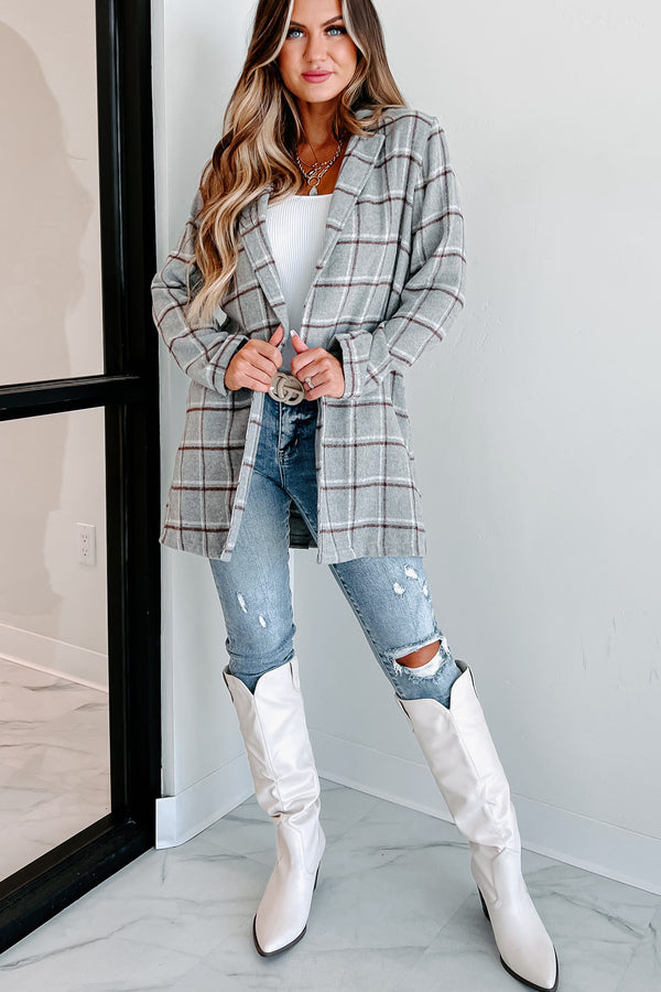 Fact Checker Plaid Open Front Coat (Heather Grey) - NanaMacs