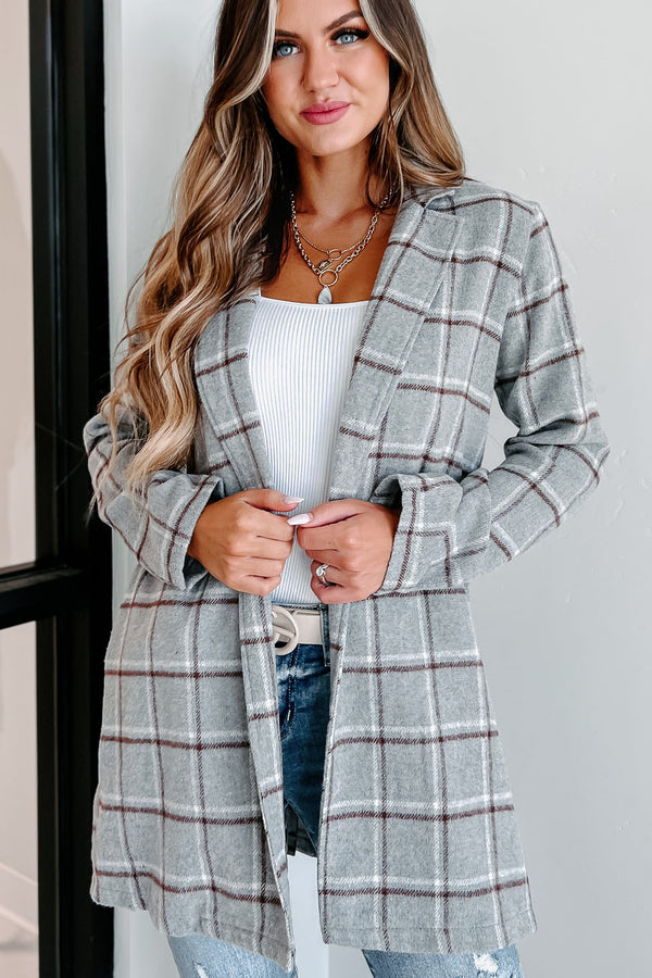 Fact Checker Plaid Open Front Coat (Heather Grey) - NanaMacs