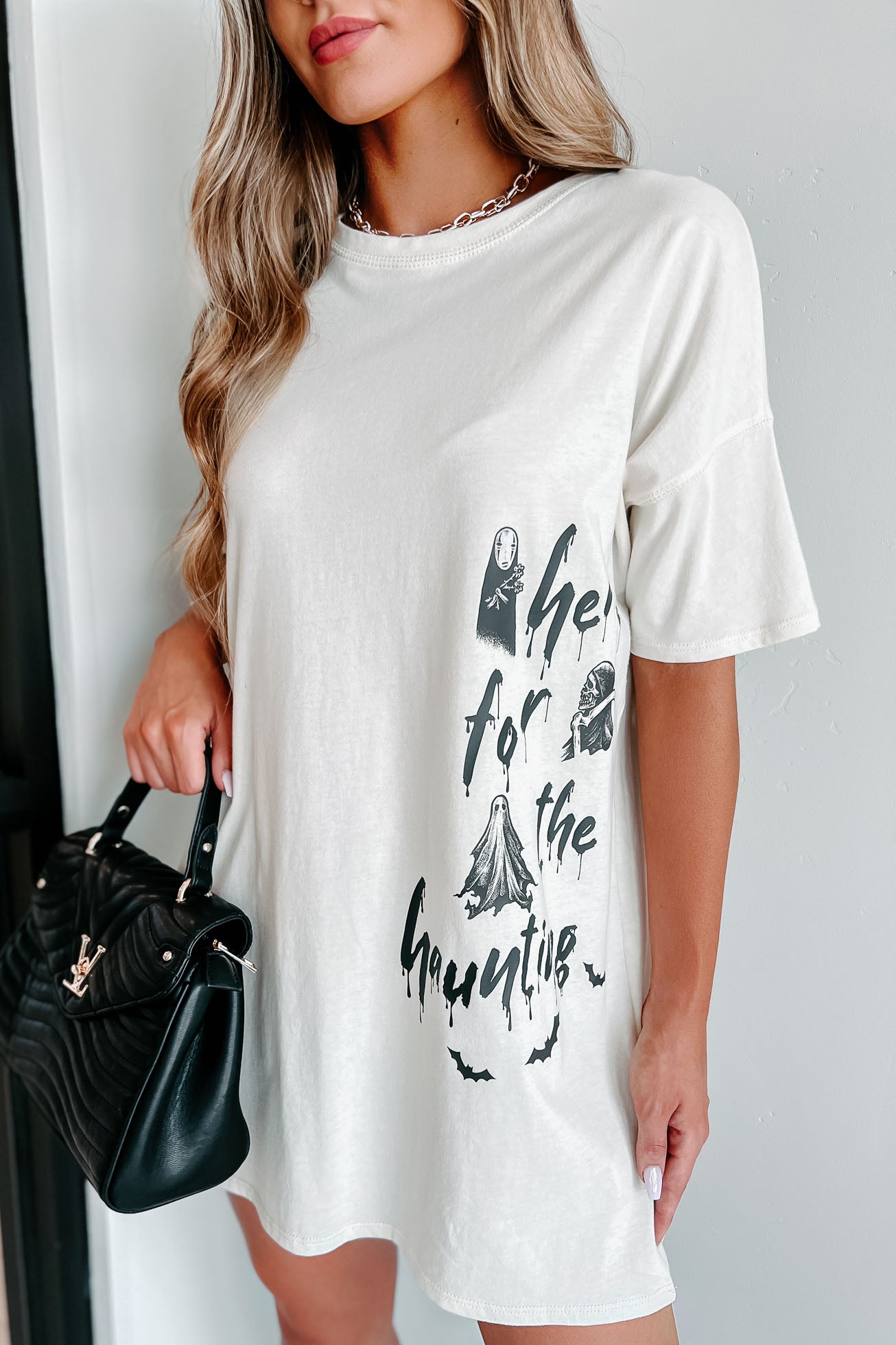 "Here For The Haunting" Oversized Graphic T-Shirt Dress (Vanilla) - Print On Demand - NanaMacs