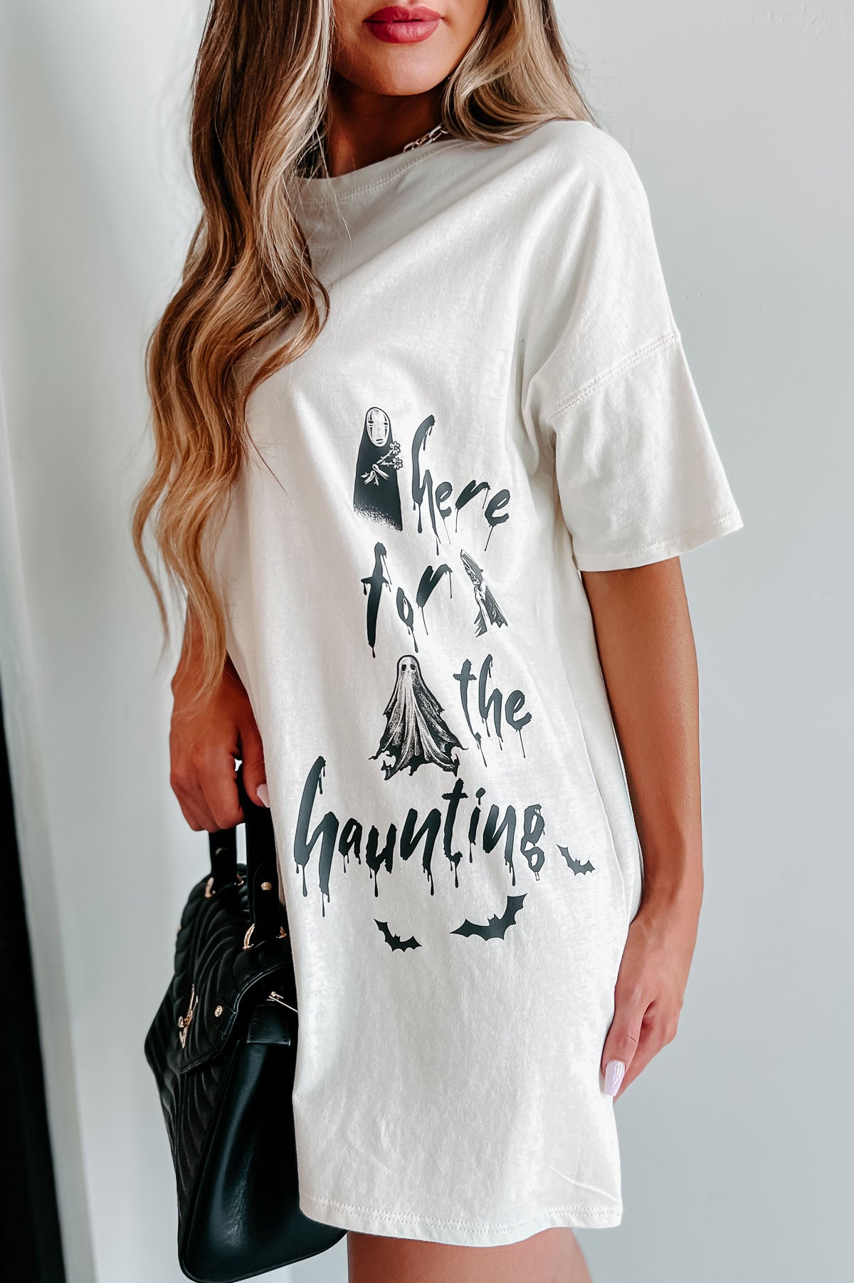 "Here For The Haunting" Oversized Graphic T-Shirt Dress (Vanilla) - Print On Demand - NanaMacs