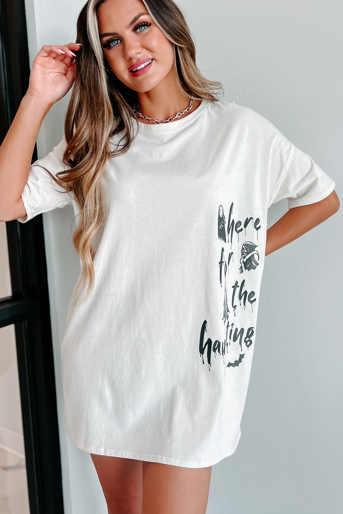 "Here For The Haunting" Oversized Graphic T-Shirt Dress (Vanilla) - Print On Demand - NanaMacs