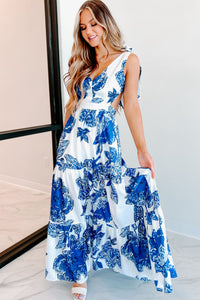 Casa Rosa Printed Open Back Maxi Dress (White/Blue) - NanaMacs