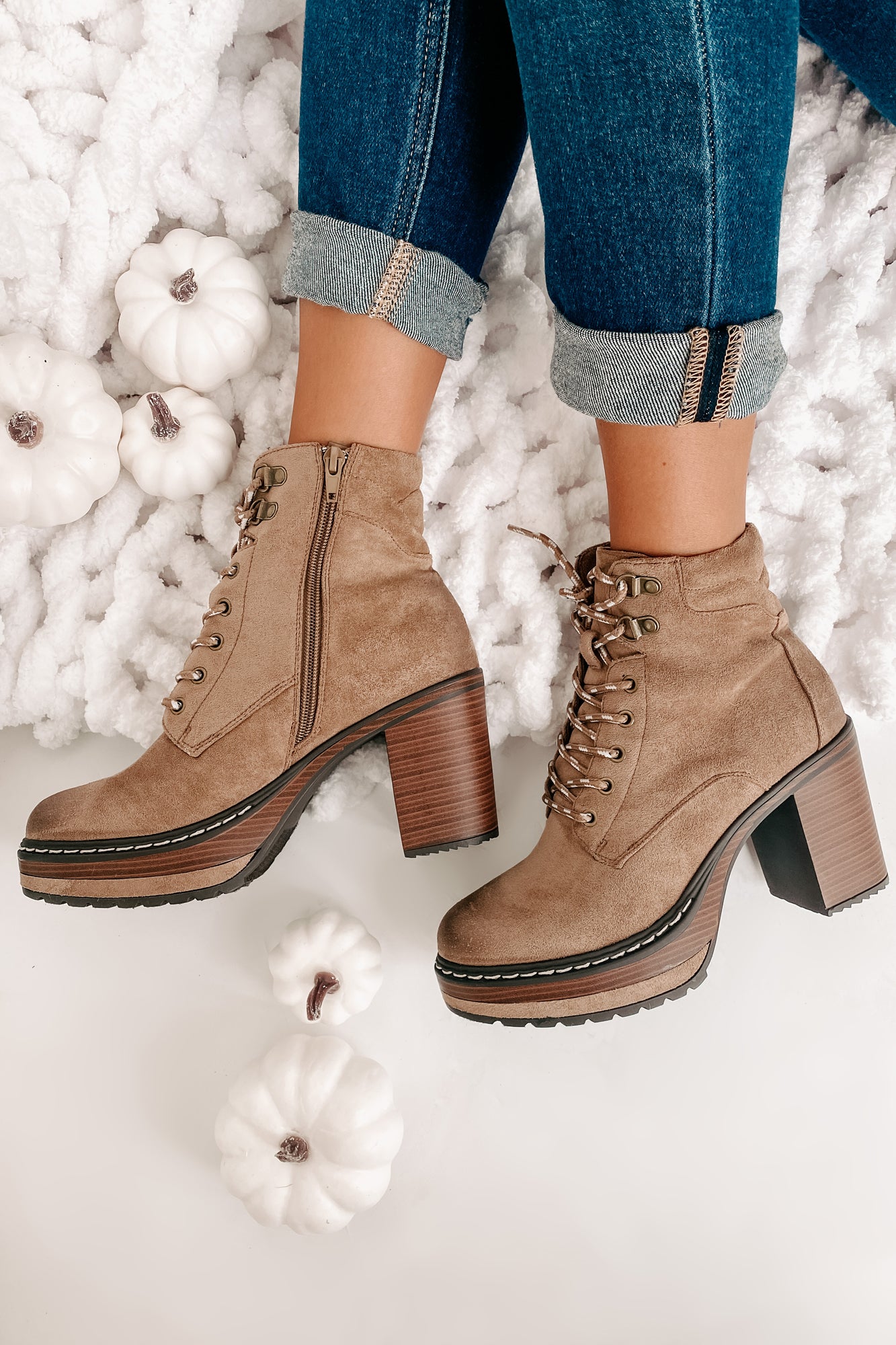 Get Used To It Faux Suede Lace-Up Platform Booties (Taupe) - NanaMacs
