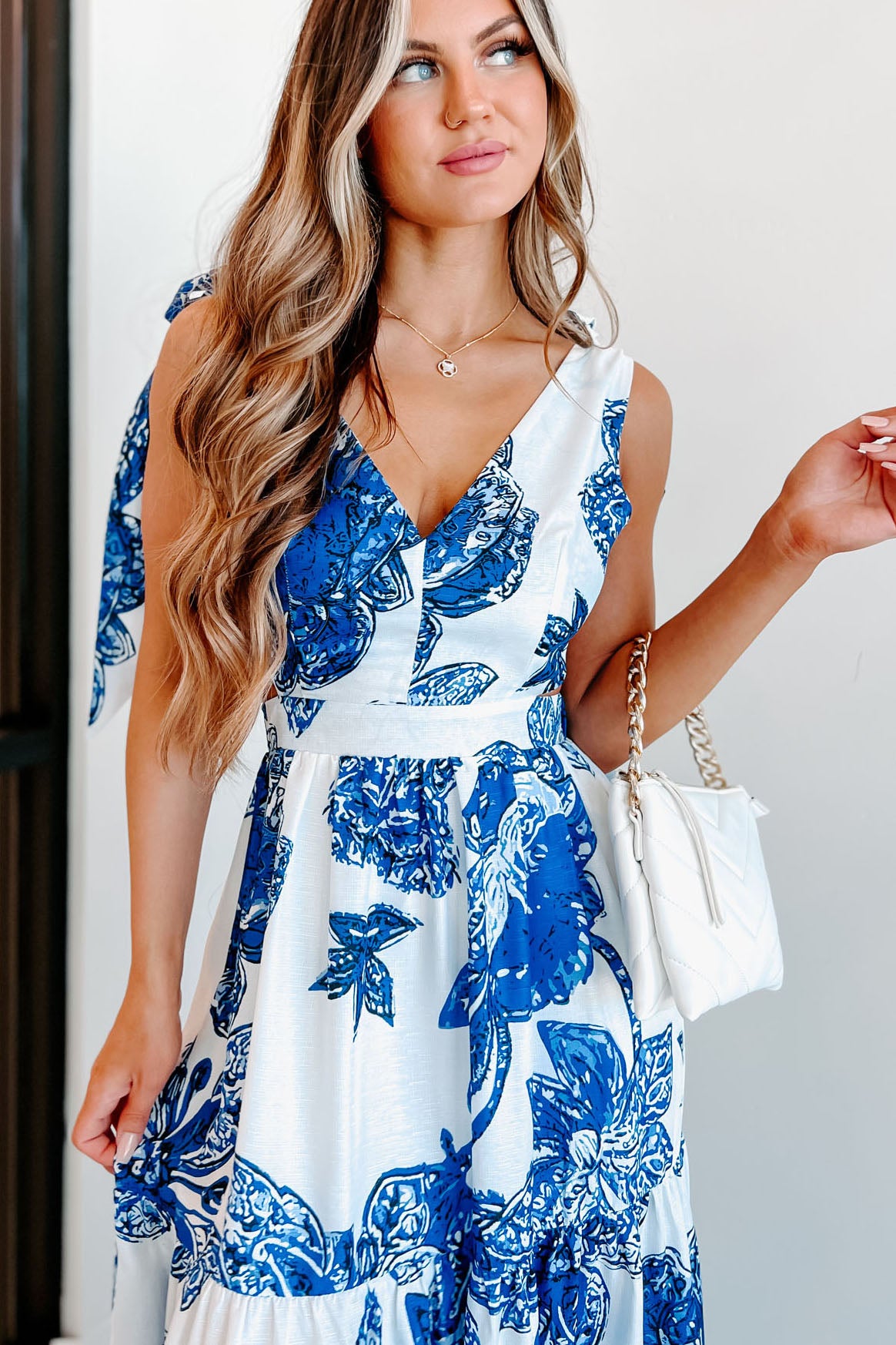 Casa Rosa Printed Open Back Maxi Dress (White/Blue) - NanaMacs