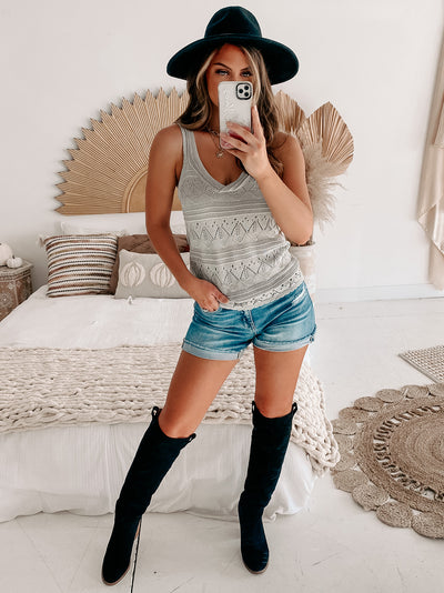 Highway Chaser V-Neck Textured Knit Tank Top (Sage) - NanaMacs