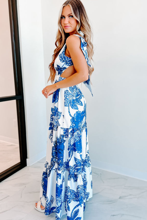 Casa Rosa Printed Open Back Maxi Dress (White/Blue) - NanaMacs