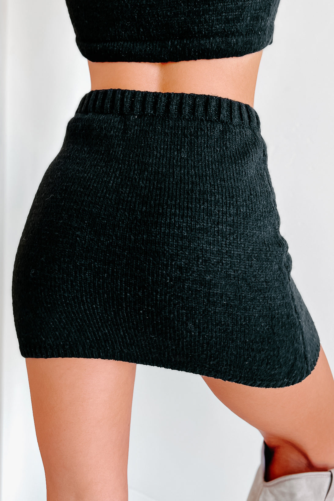 Change In The Weather Sweater Knit Crop Top & Skirt Set (Black) - NanaMacs