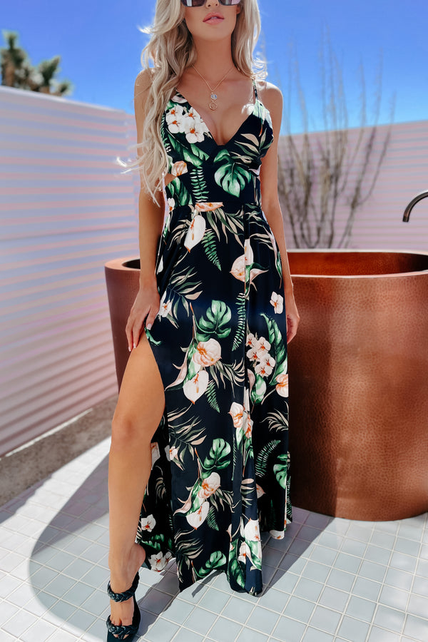 Paradise Isles Floral Tie-Back Maxi Dress (Black) - NanaMacs