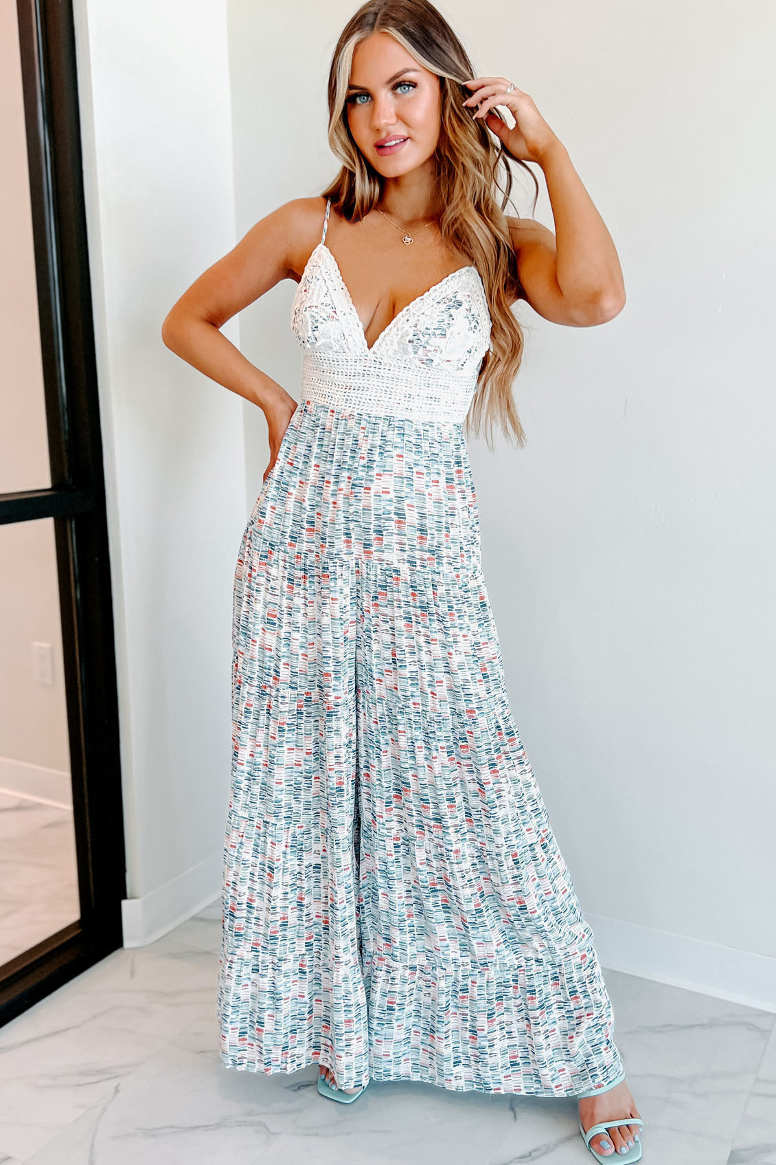 Bo Patterned Crochet Lace Wide Leg Jumpsuit (Blue Multi) - NanaMacs