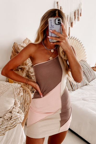 Sorbet Summer One-Shoulder Patchwork Bodycon Dress (Pink/Tan) - NanaMacs