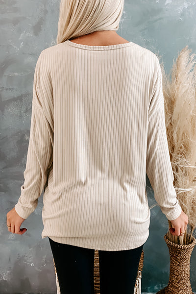 Deloris Ribbed V-Neck Top (Taupe) - NanaMacs