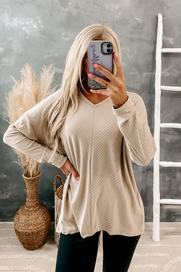 Deloris Ribbed V-Neck Top (Taupe) - NanaMacs