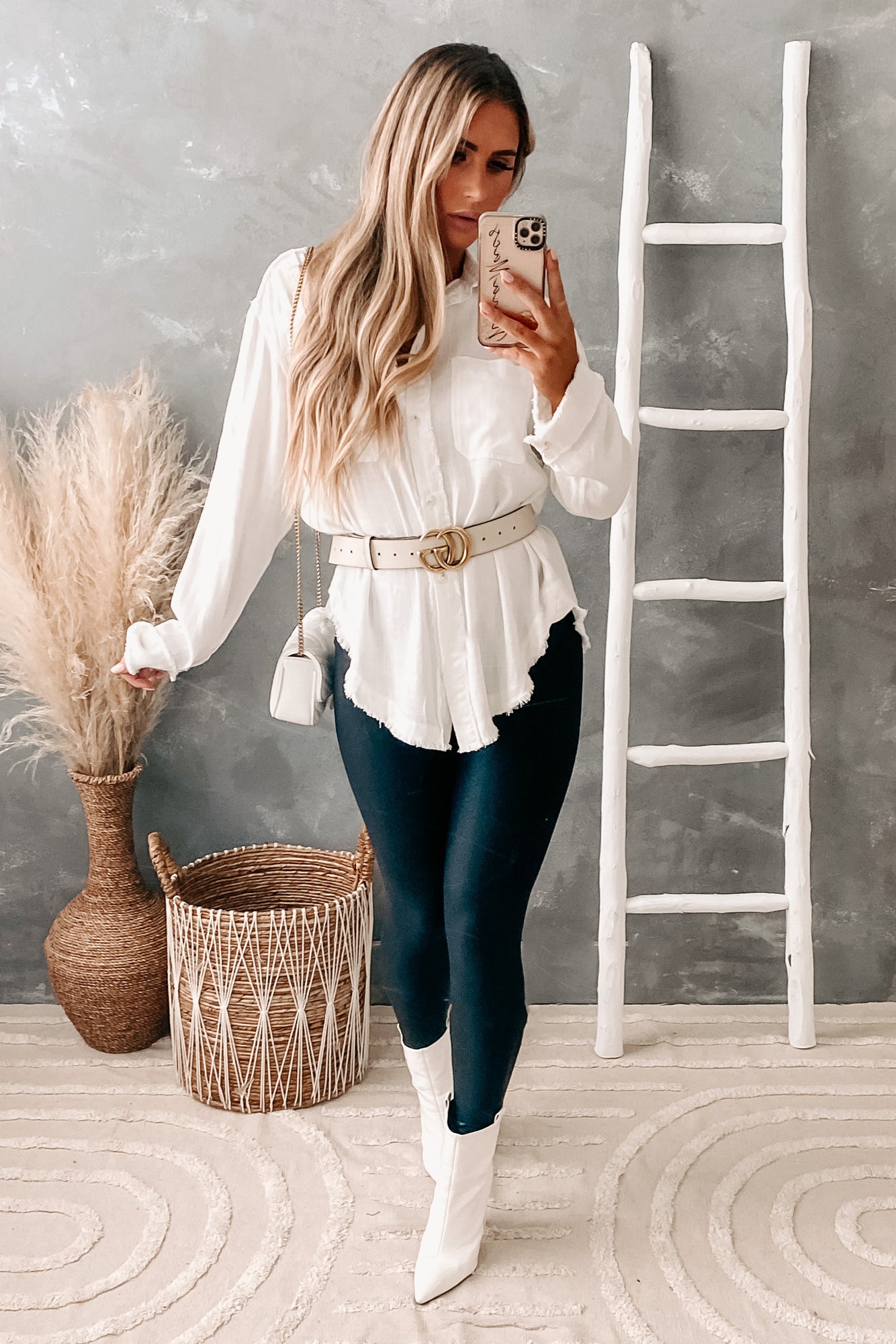 Add An Edge Raw Hem Button Down Tunic Top (Ivory) - NanaMacs