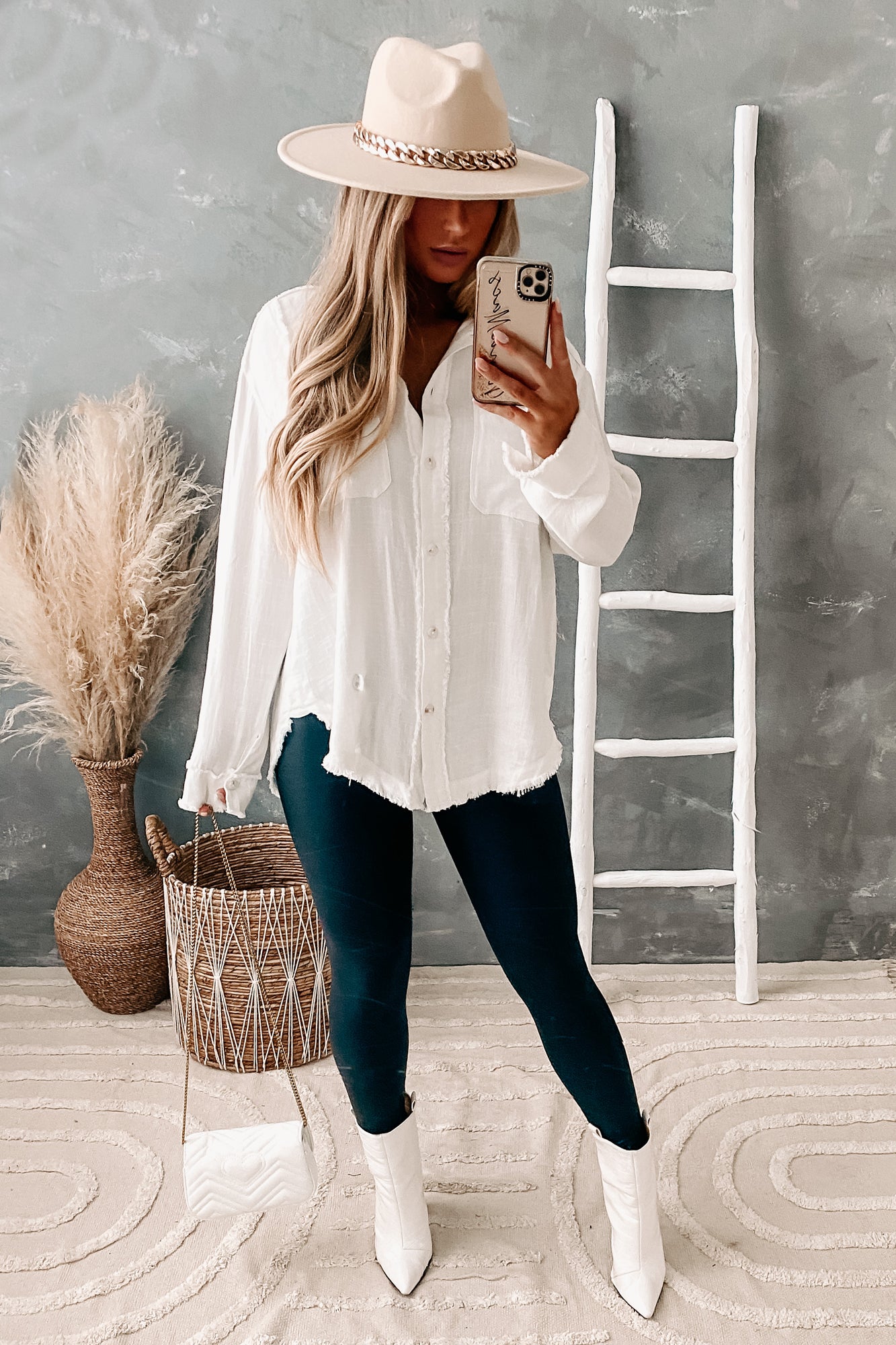 Add An Edge Raw Hem Button Down Tunic Top (Ivory) - NanaMacs