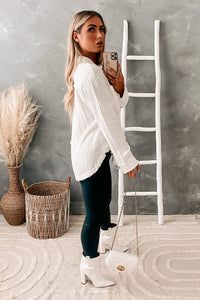 Add An Edge Raw Hem Button Down Tunic Top (Ivory) - NanaMacs